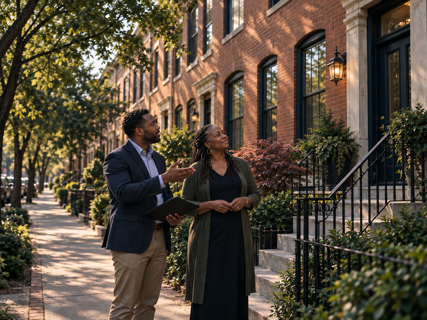 Property owner and community development professional discussing a Baltimore property